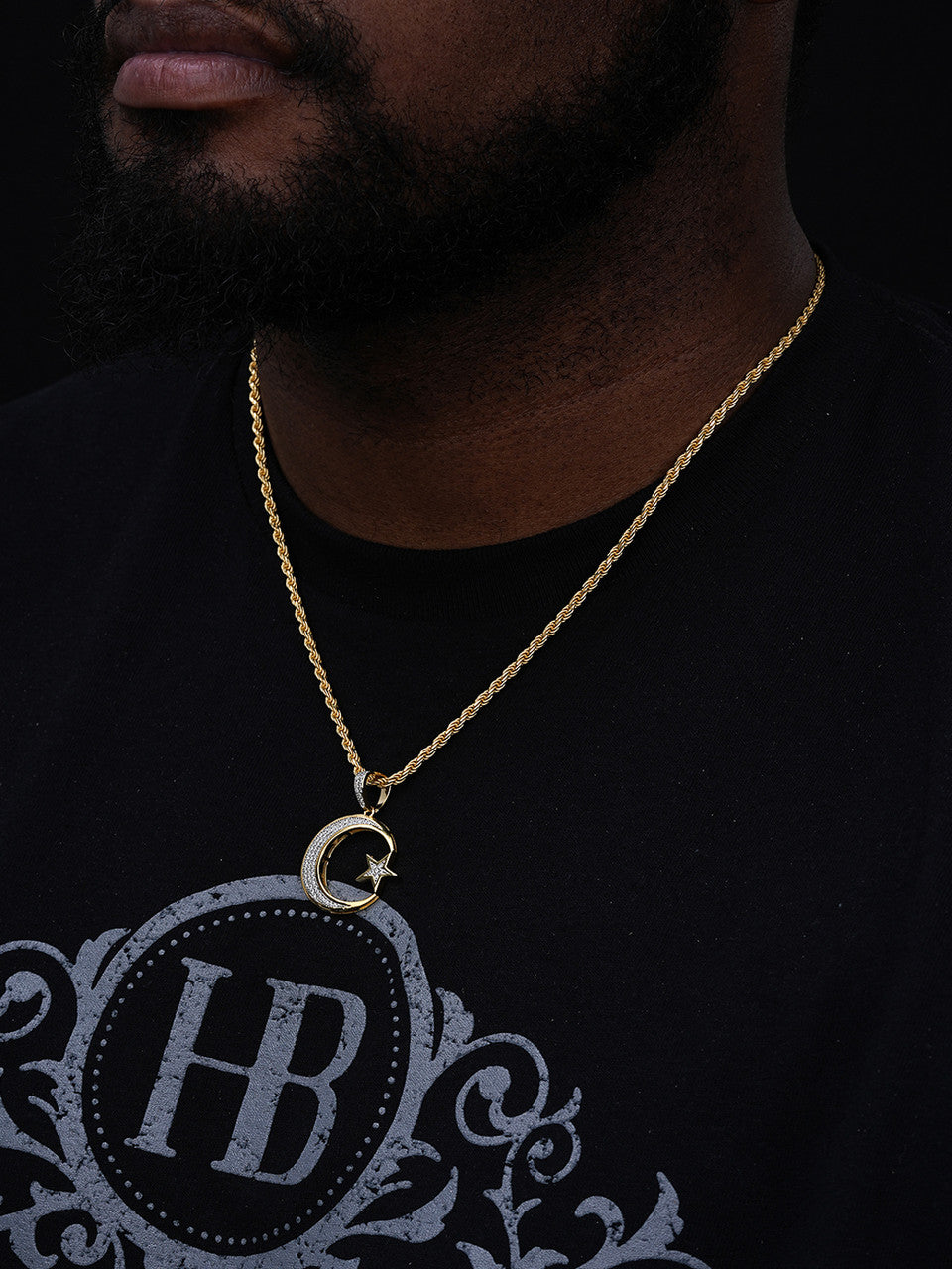 Crescent Moon & Star Islam Muslim Arabic Pendant - 14k Gold Vermeil Or 925 Silver - CZ Stones - Small 1.25"