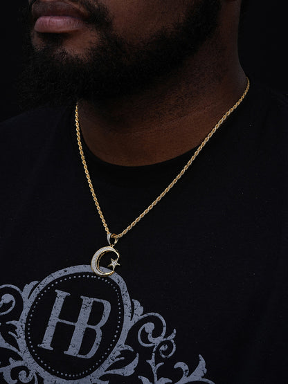 Crescent Moon & Star Islam Muslim Arabic Pendant - 14k Gold Vermeil Or 925 Silver - CZ Stones - Small 1.25"