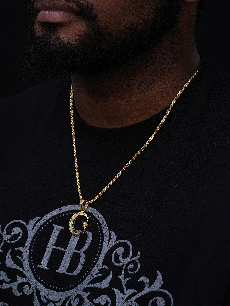 Crescent Moon & Star Islam Muslim Arabic Pendant - 14k Gold Vermeil Or 925 Silver - CZ Stones - Small 1.25"