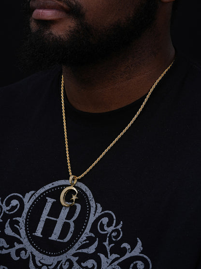 Crescent Moon & Star Islam Muslim Arabic Pendant - 14k Gold Vermeil Or 925 Silver - CZ Stones - Small 1.25"