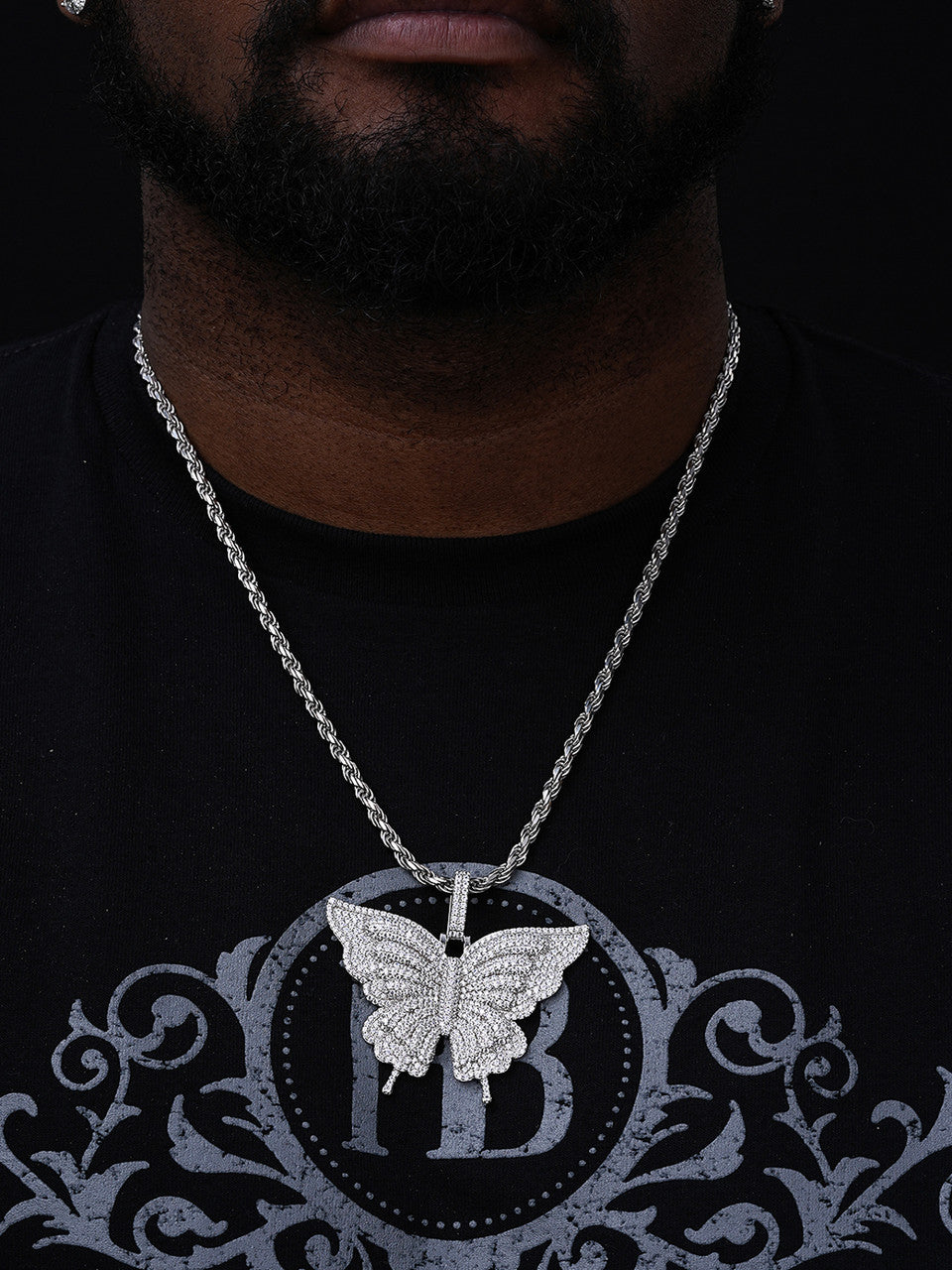 Butterly HipHop Pendant - 925 Silver - CZ Stones - Large 3"