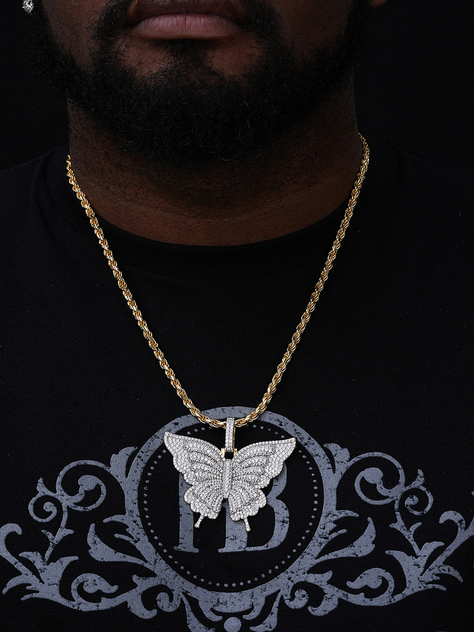 Butterly HipHop Pendant - 14k Gold Vermeil 925 Silver - CZ Stones - Large 3"