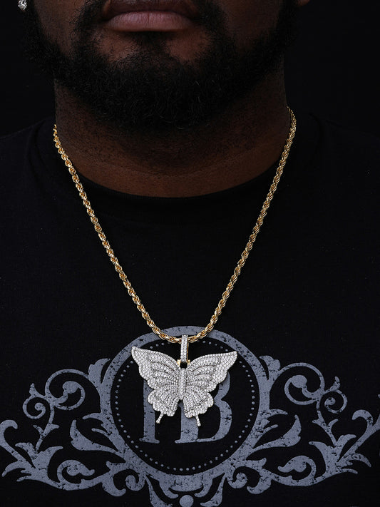 Butterly HipHop Pendant - 14k Gold Vermeil 925 Silver - CZ Stones - Large 3"