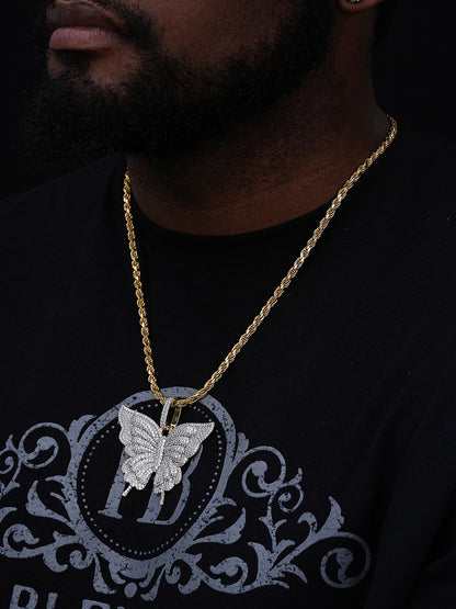 Butterly HipHop Pendant - 14k Gold Vermeil 925 Silver - CZ Stones - Large 3"