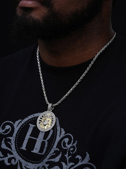 Jesus Baguette Medallion Pendant - 14k Gold Vermeil Or 925 Silver - CZ Stones - Large 2"