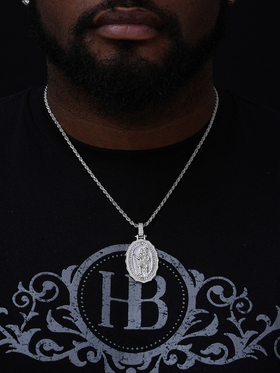 St Christopher Iced Baguette Medallion Pendant - 14k Gold Vermeil Or 925 Silver - CZ Stones - Medium 2.25"