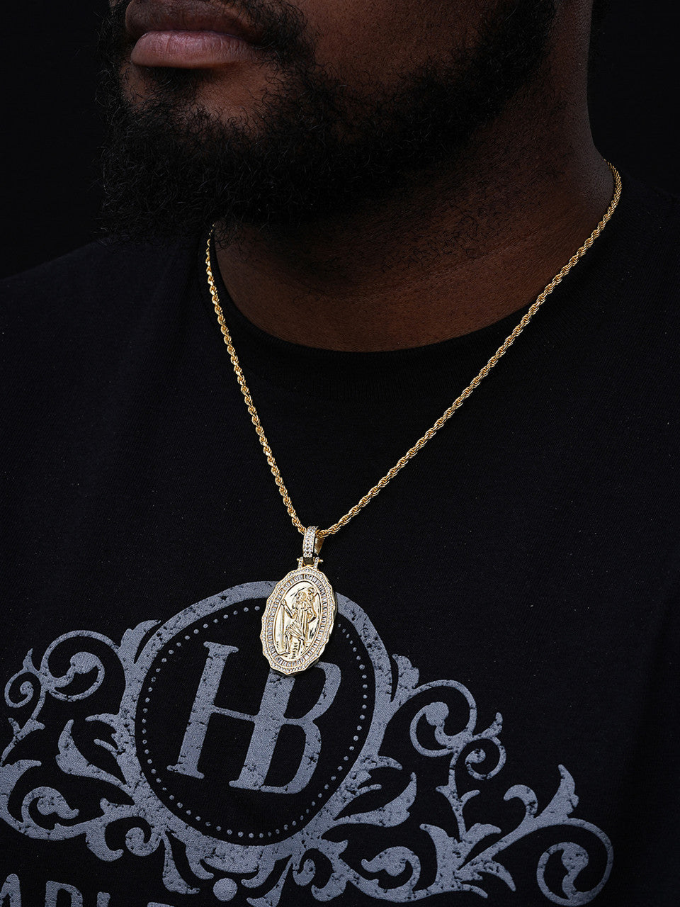 St Christopher Iced Baguette Medallion Pendant - 14k Gold Vermeil Or 925 Silver - CZ Stones - Medium 2.25"