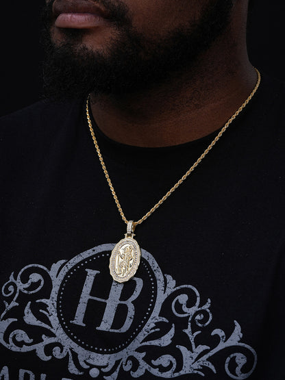 St Christopher Iced Baguette Medallion Pendant - 14k Gold Vermeil Or 925 Silver - CZ Stones - Medium 2.25"