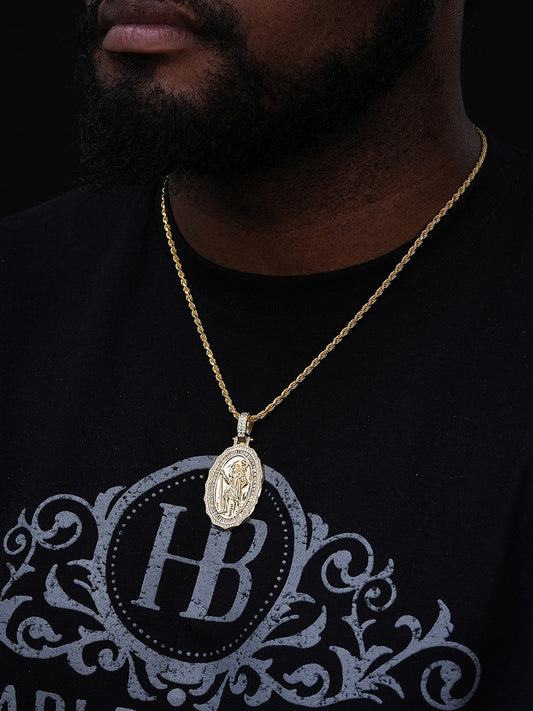St Christopher Iced Baguette Medallion Pendant - 14k Gold Vermeil Or 925 Silver - CZ Stones - Medium 2.25"