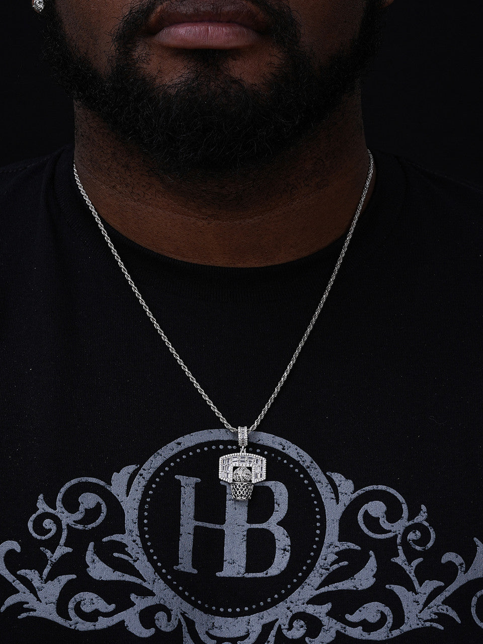 Basketball Ball & Hoop Iced Out Baguette Pendant - 14k Gold Vermeil Or 925 Silver - CZ Stones - Small 1.5"