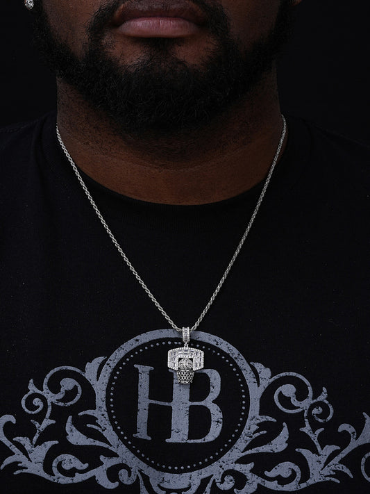 Basketball Ball & Hoop Iced Out Baguette Pendant - 14k Gold Vermeil Or 925 Silver - CZ Stones - Small 1.5"