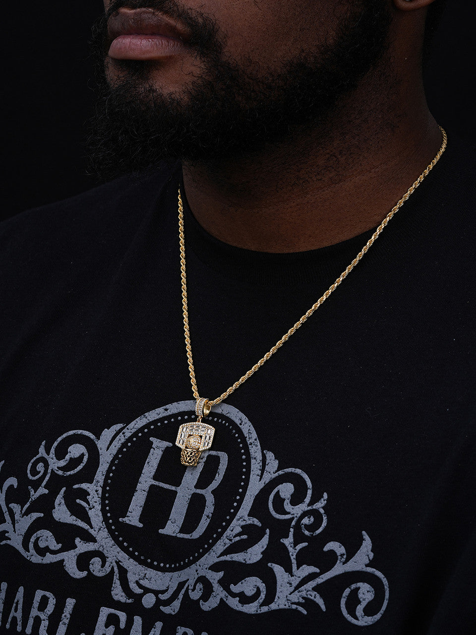 Basketball Ball & Hoop Iced Out Baguette Pendant - 14k Gold Vermeil Or 925 Silver - CZ Stones - Small 1.5"