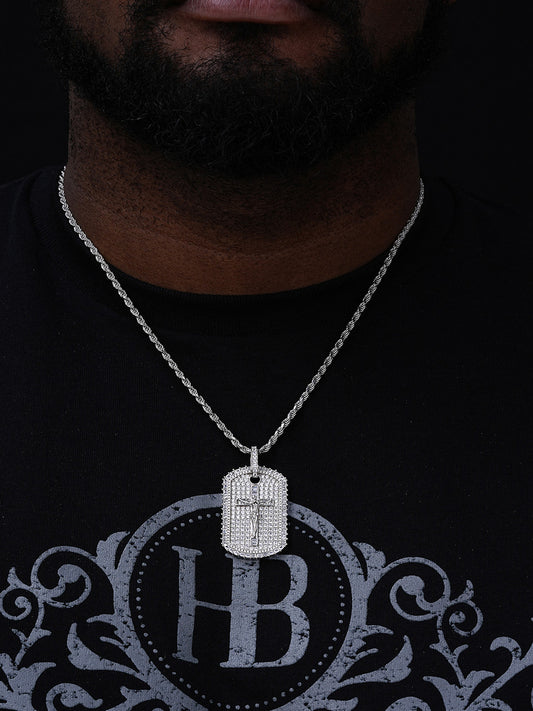 Jesus On The Cross Dog Tag Iced Out Pendant - 14k Gold Vermeil Or 925 Silver - CZ Stones - Medium 2"
