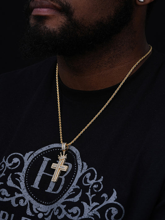 King Crown Medallion Baguette Cross Pendant - 14k Yellow Gold Vermeil 925 Silver - CZ Stones - Large 2.5"