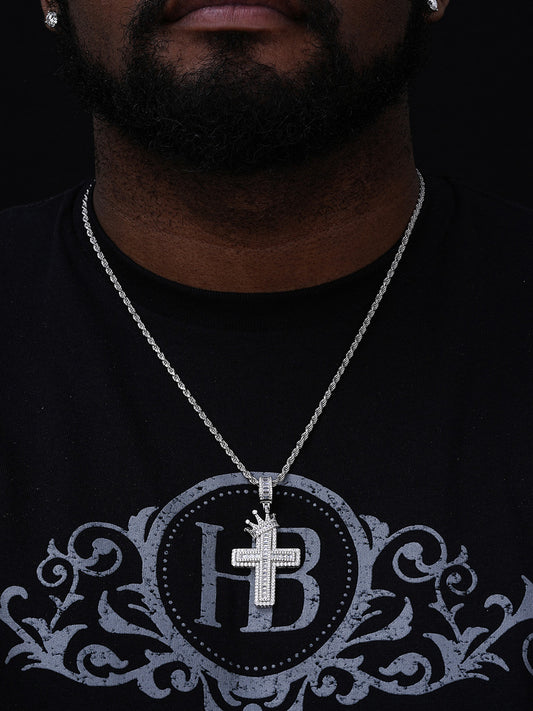 King Crown Medallion Baguette Cross Pendant - 14k Yellow Gold Vermeil 925 Silver - CZ Stones - Large 2.5"