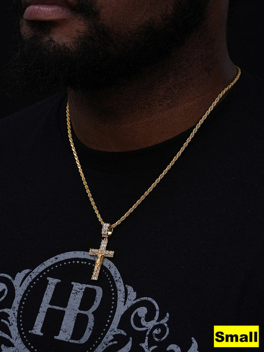 Cross W. Jesus Baguette Iced Out Pendant - 14k Gold Vermeil 925 Silver - CZ Stones - 3 Sizes 1.5"-3.5"