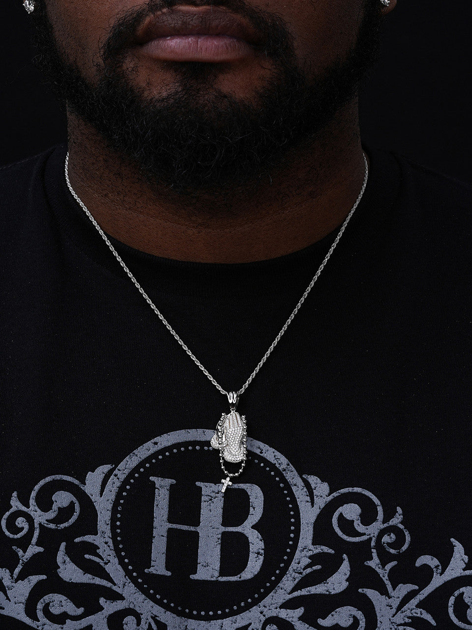 Praying Folded Hands W. Cross Pendant - 14k Gold Vermeil Or 925 Silver - CZ Stones - Medium 1.75"