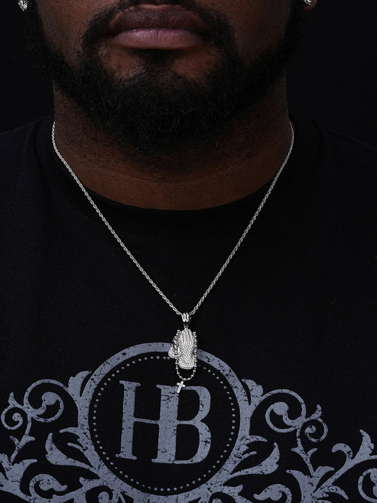 Praying Folded Hands W. Cross Pendant - 14k Gold Vermeil Or 925 Silver - CZ Stones - Medium 1.75"