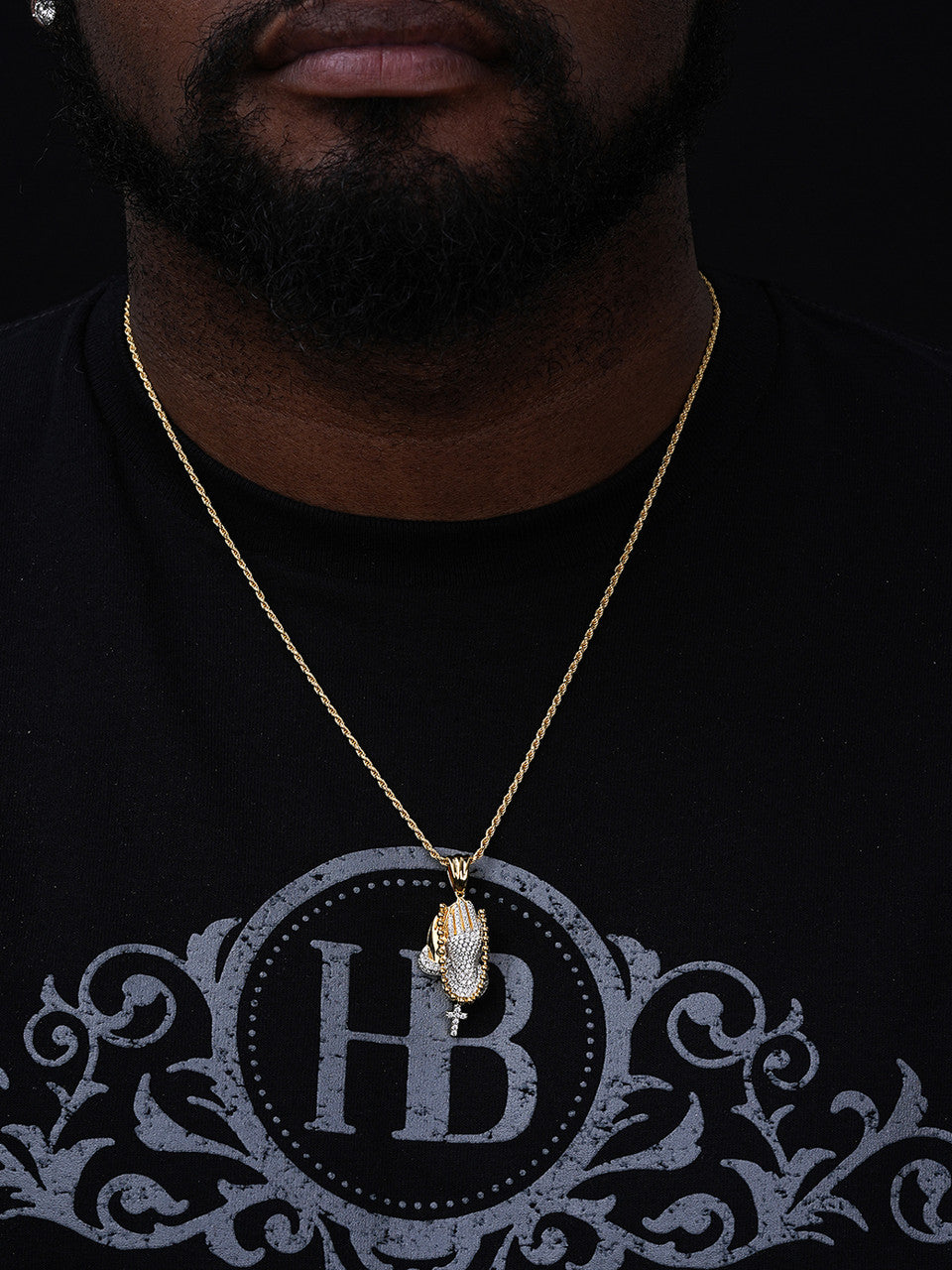 Praying Folded Hands W. Cross Pendant - 14k Gold Vermeil Or 925 Silver - CZ Stones - Medium 1.75"