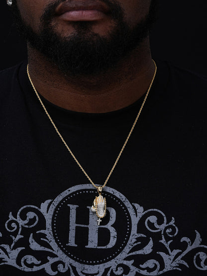 Praying Folded Hands W. Cross Pendant - 14k Gold Vermeil Or 925 Silver - CZ Stones - Medium 1.75"