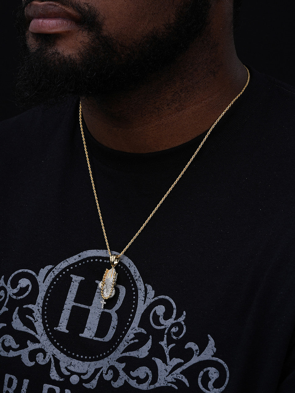 Praying Folded Hands W. Cross Pendant - 14k Gold Vermeil Or 925 Silver - CZ Stones - Medium 1.75"