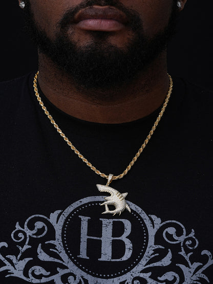 Shark Apex Predator Iced Out Pendant - 14k Gold Vermeil Or 925 Silver - CZ Stones - Medium 2"