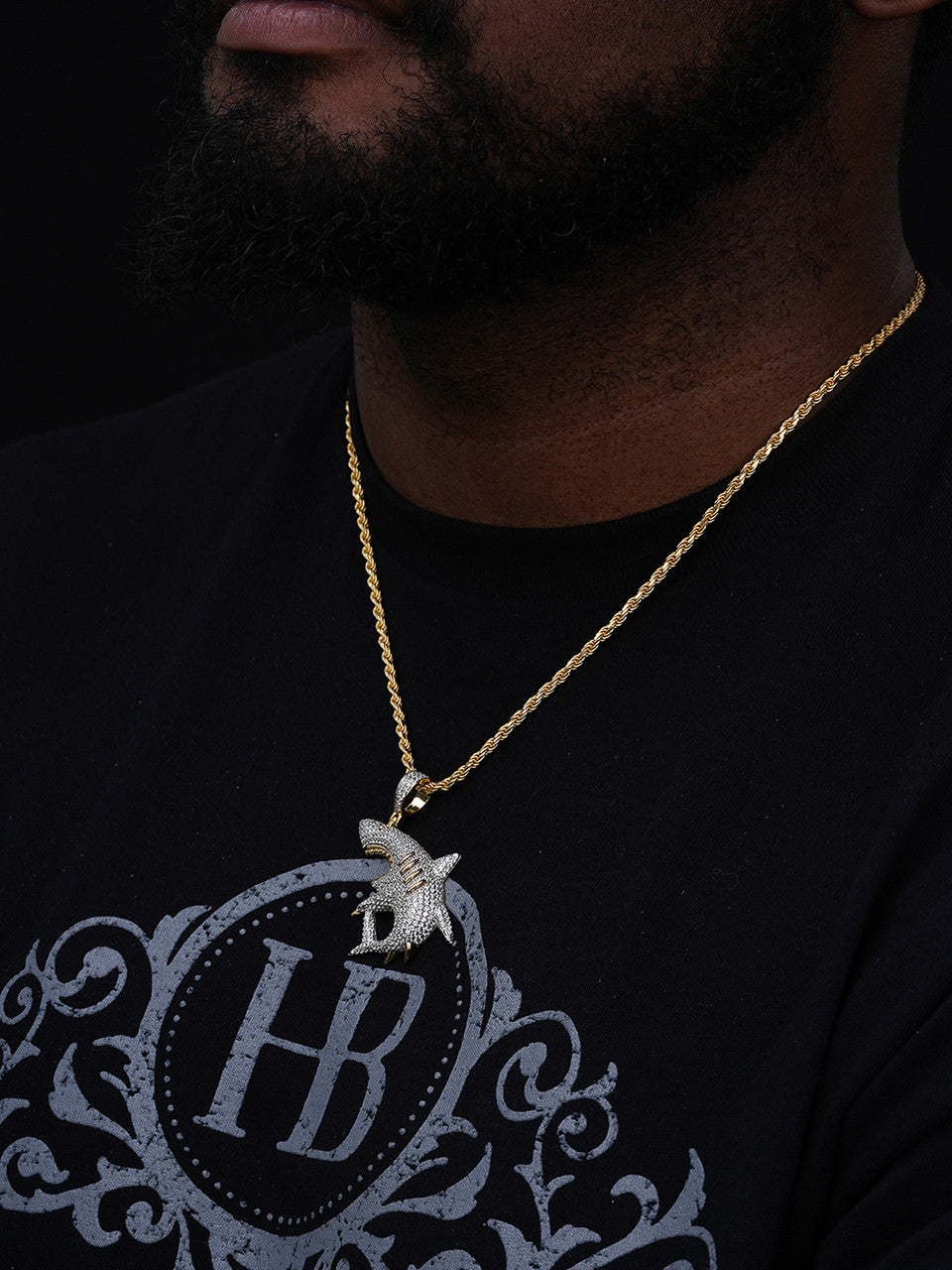 Shark Apex Predator Iced Out Pendant - 14k Gold Vermeil Or 925 Silver - CZ Stones - Medium 2"
