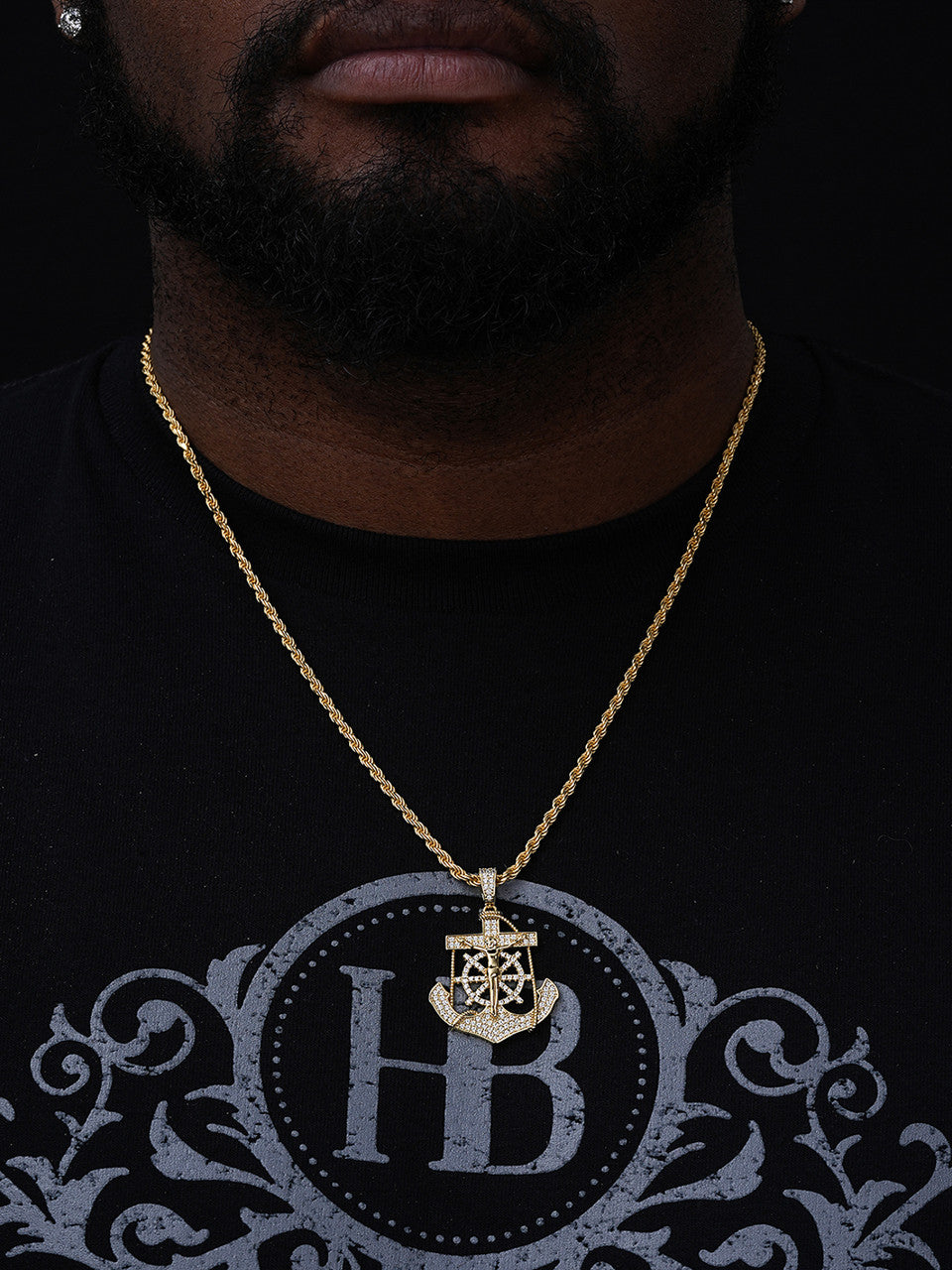 Jesus & Anchor Piece Iced Out Hip Hop Pendant - 14k Gold Vermeil Or 925 Silver - CZ Stones - Medium 1.75"