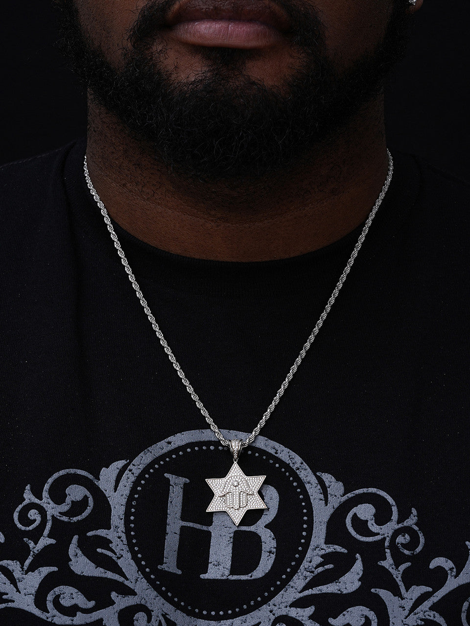 Magen Star Of David W. Hamsa Pendant - 14k Gold Vermeil or 925 Silver - CZ Stones - Medium 1.75"