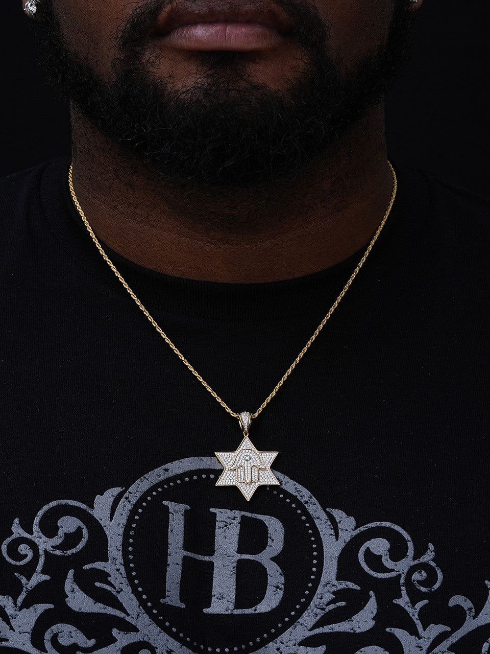 Magen Star Of David W. Hamsa Pendant - 14k Gold Vermeil or 925 Silver - CZ Stones - Medium 1.75"