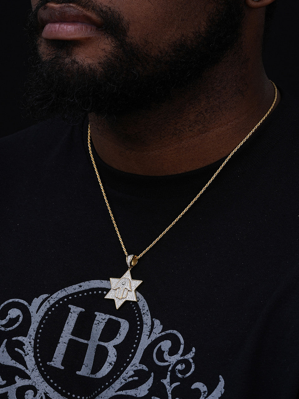 Magen Star Of David W. Hamsa Pendant - 14k Gold Vermeil or 925 Silver - CZ Stones - Medium 1.75"