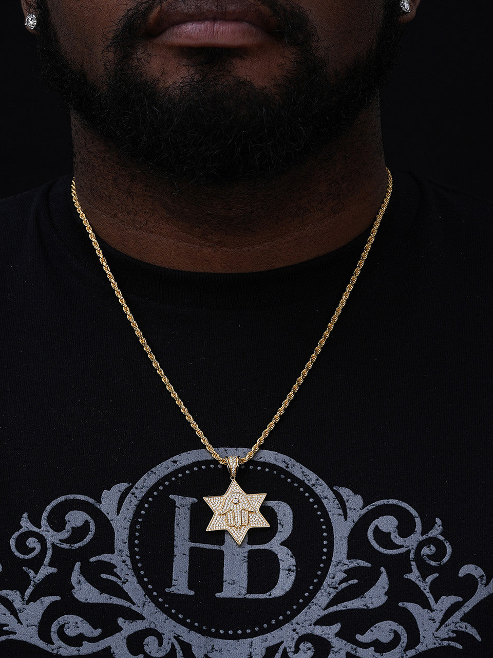 Magen Star Of David W. Hamsa Pendant - 14k Gold Vermeil or 925 Silver - CZ Stones - Medium 1.75"