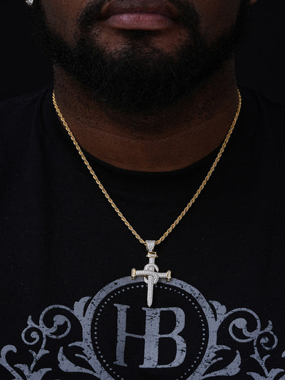 Dollar Nail Baguette Hip Hop Cross Pendant - 14k Gold Vermeil Or 925 Silver - CZ Stones - Medium 2"