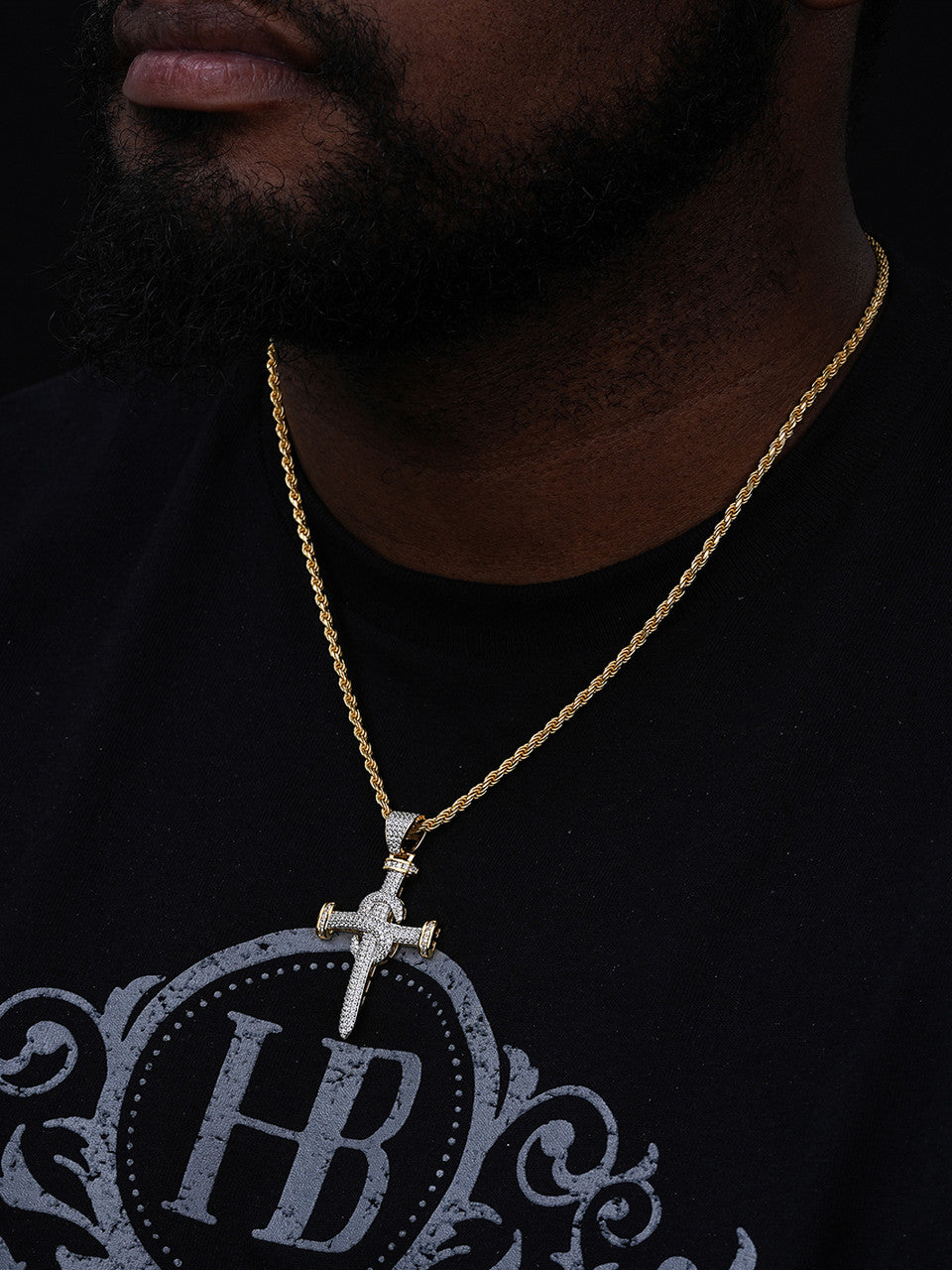 Dollar Nail Baguette Hip Hop Cross Pendant - 14k Gold Vermeil Or 925 Silver - CZ Stones - Medium 2"
