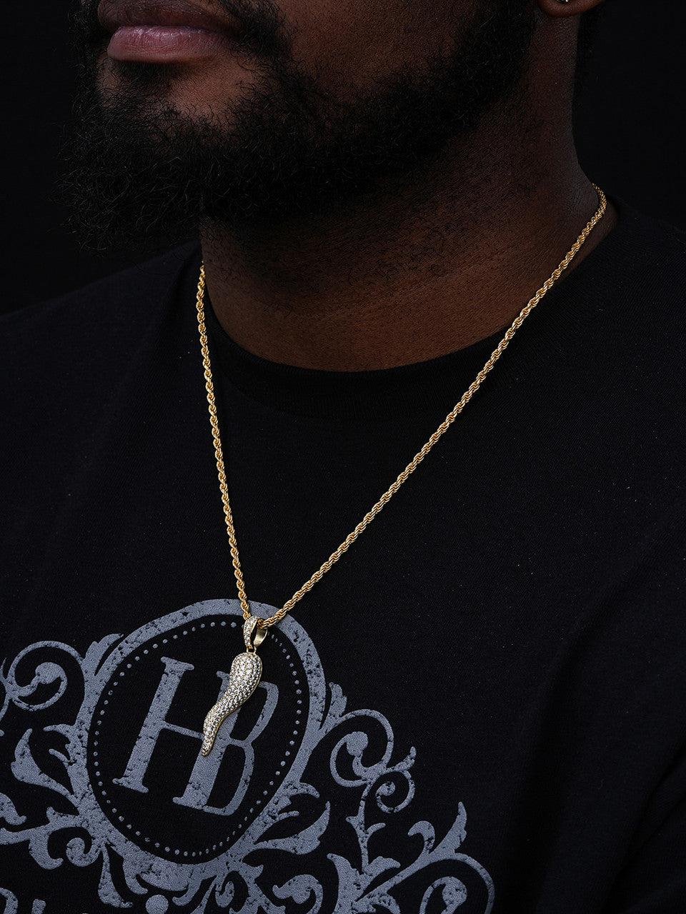 Cornicello Iced Out Italian Horn Pendant - 14k Gold Vermeil Or 925 Silver - CZ Stones - Medium 2"