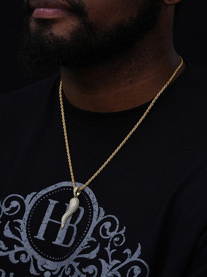 Cornicello Iced Out Italian Horn Pendant - 14k Gold Vermeil Or 925 Silver - CZ Stones - Medium 2"