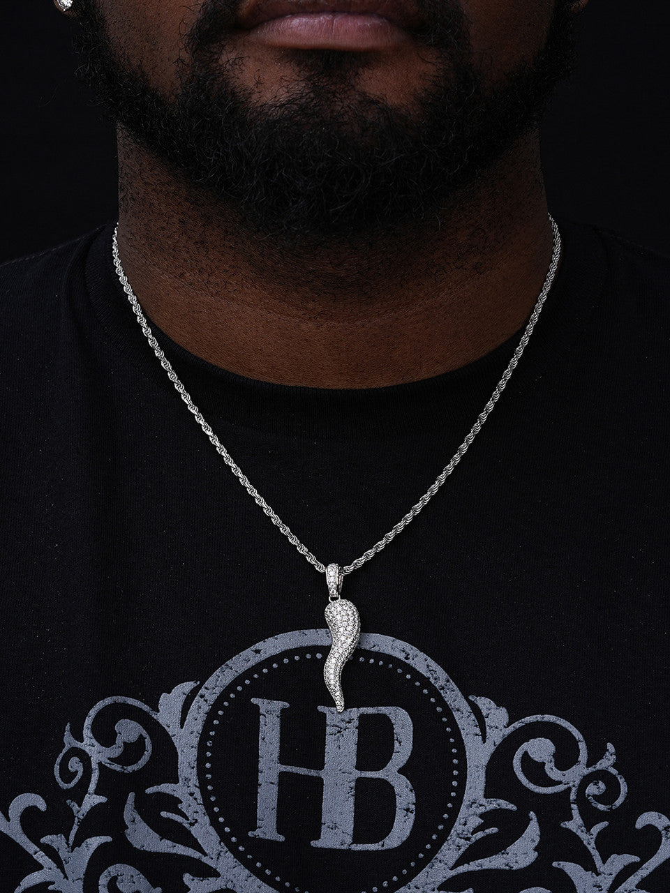 Cornicello Iced Out Italian Horn Pendant - 14k Gold Vermeil Or 925 Silver - CZ Stones - Medium 2"