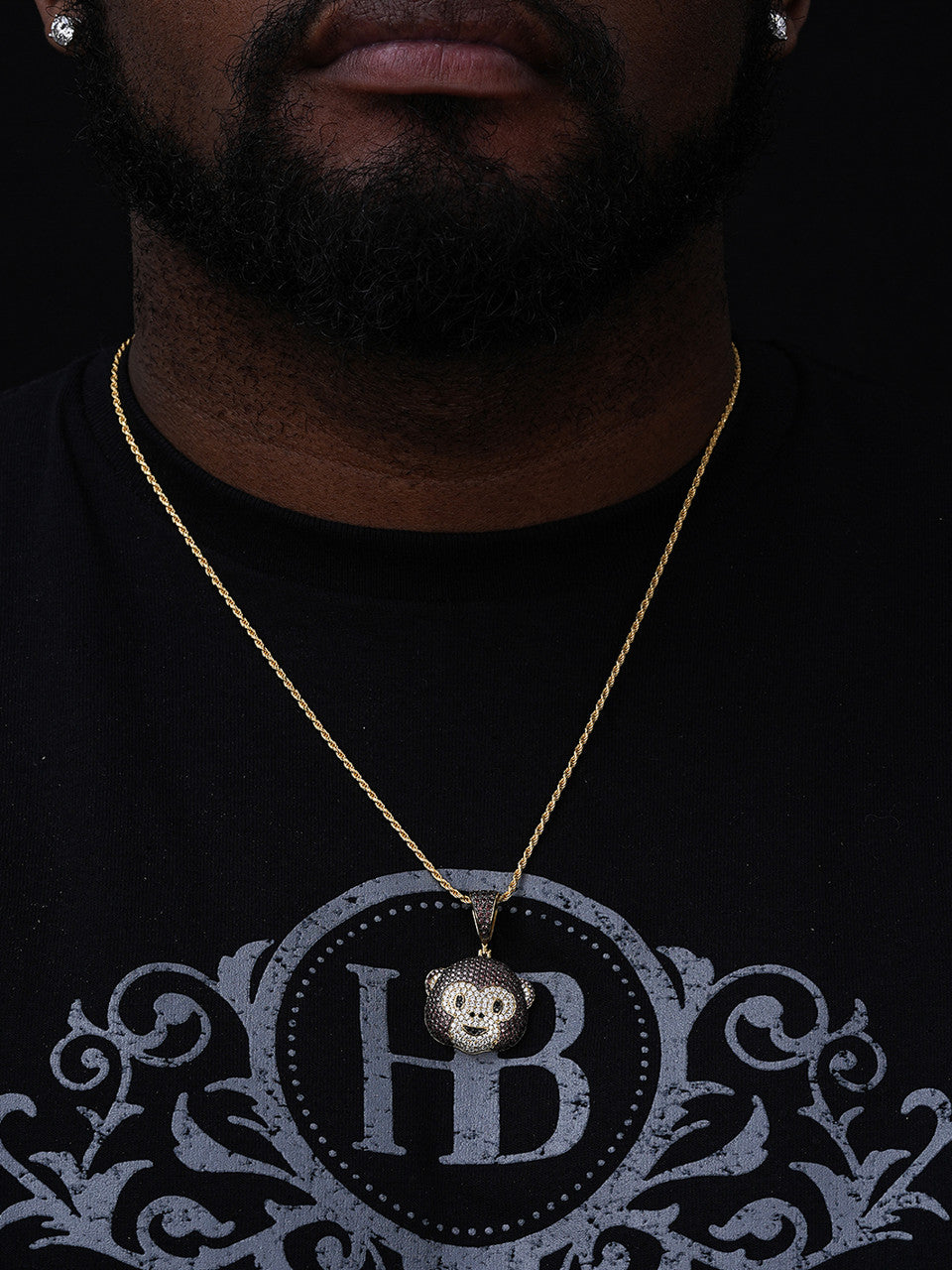 Real Solid 925 Silver Hip Hop Monkey Face Emoji Pendant Necklace
