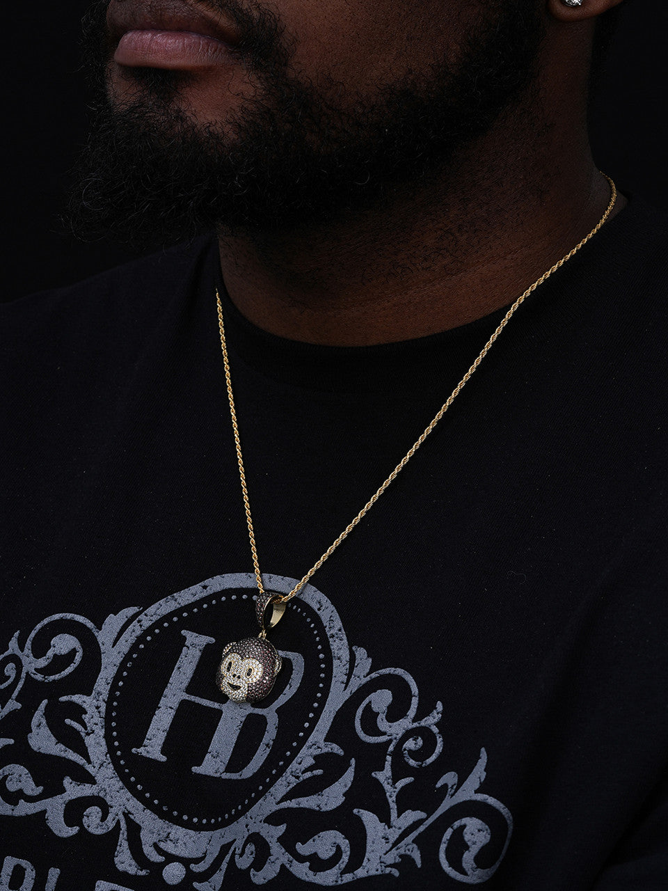 Real Solid 925 Silver Hip Hop Monkey Face Emoji Pendant Necklace
