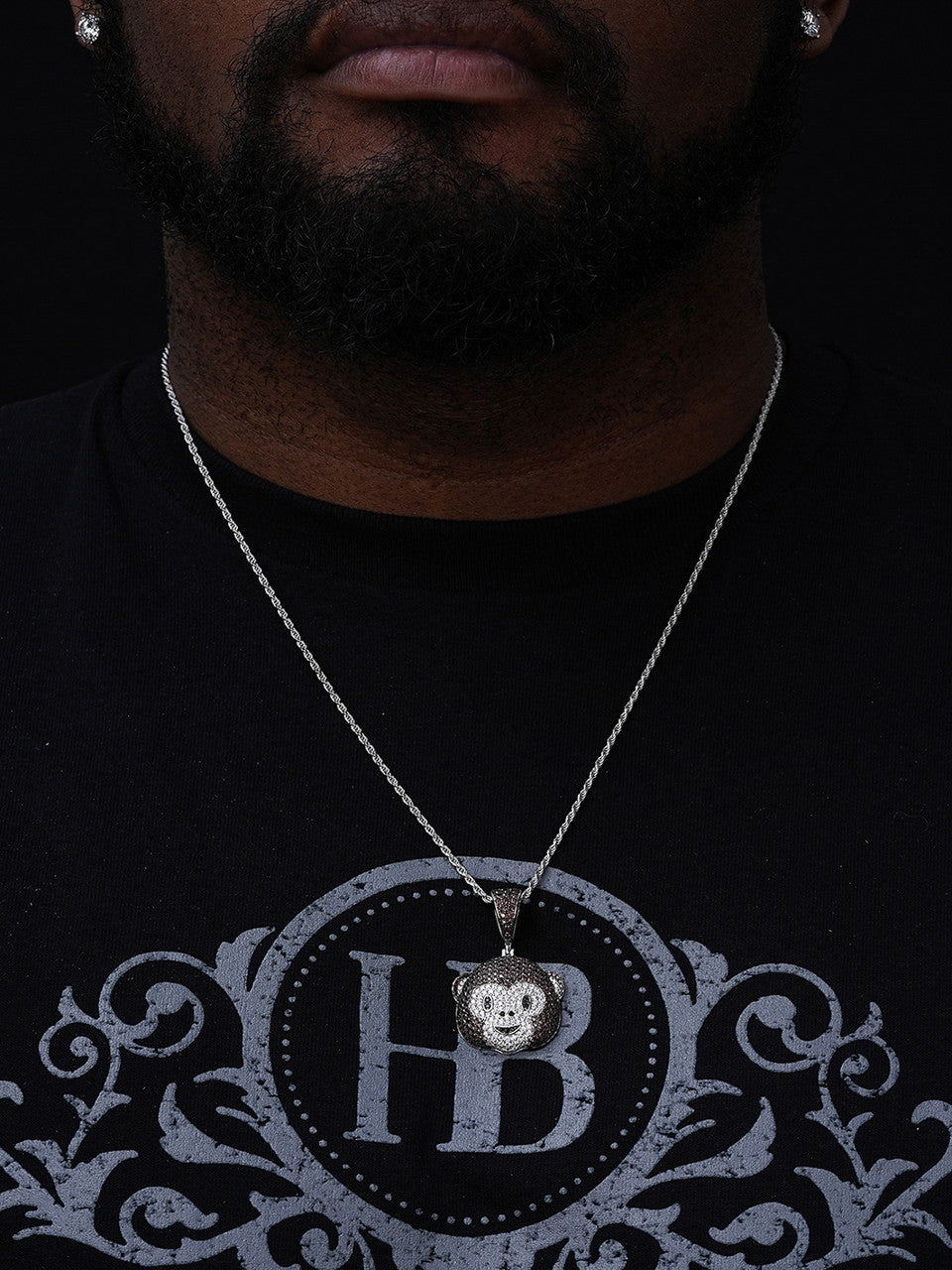 Real Solid 925 Silver Hip Hop Monkey Face Emoji Pendant Necklace