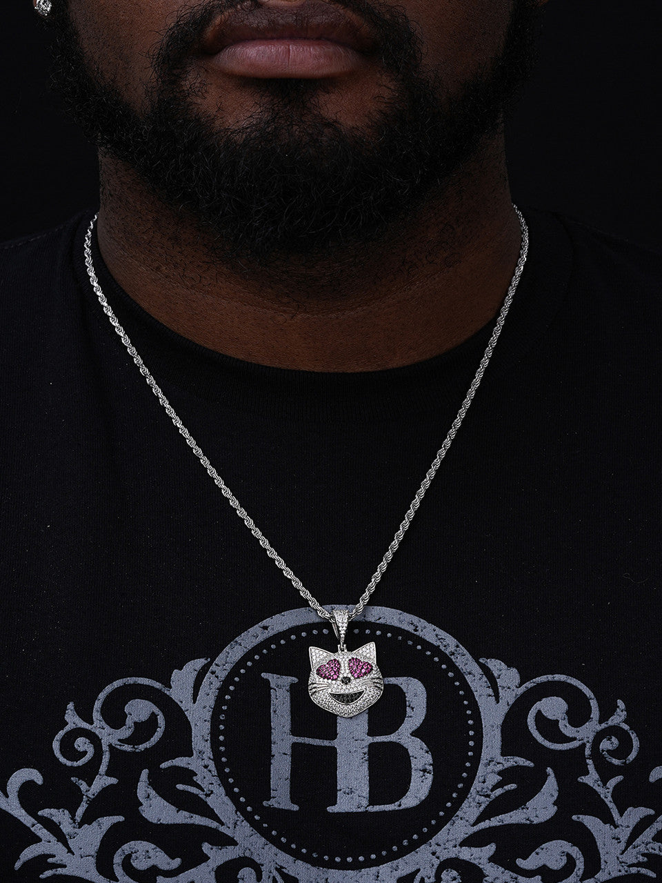 Cat Heart Eyes Love Emoji Pendant - 14k Gold Vermeil Or 925 Silver - CZ Stones - Small 1"