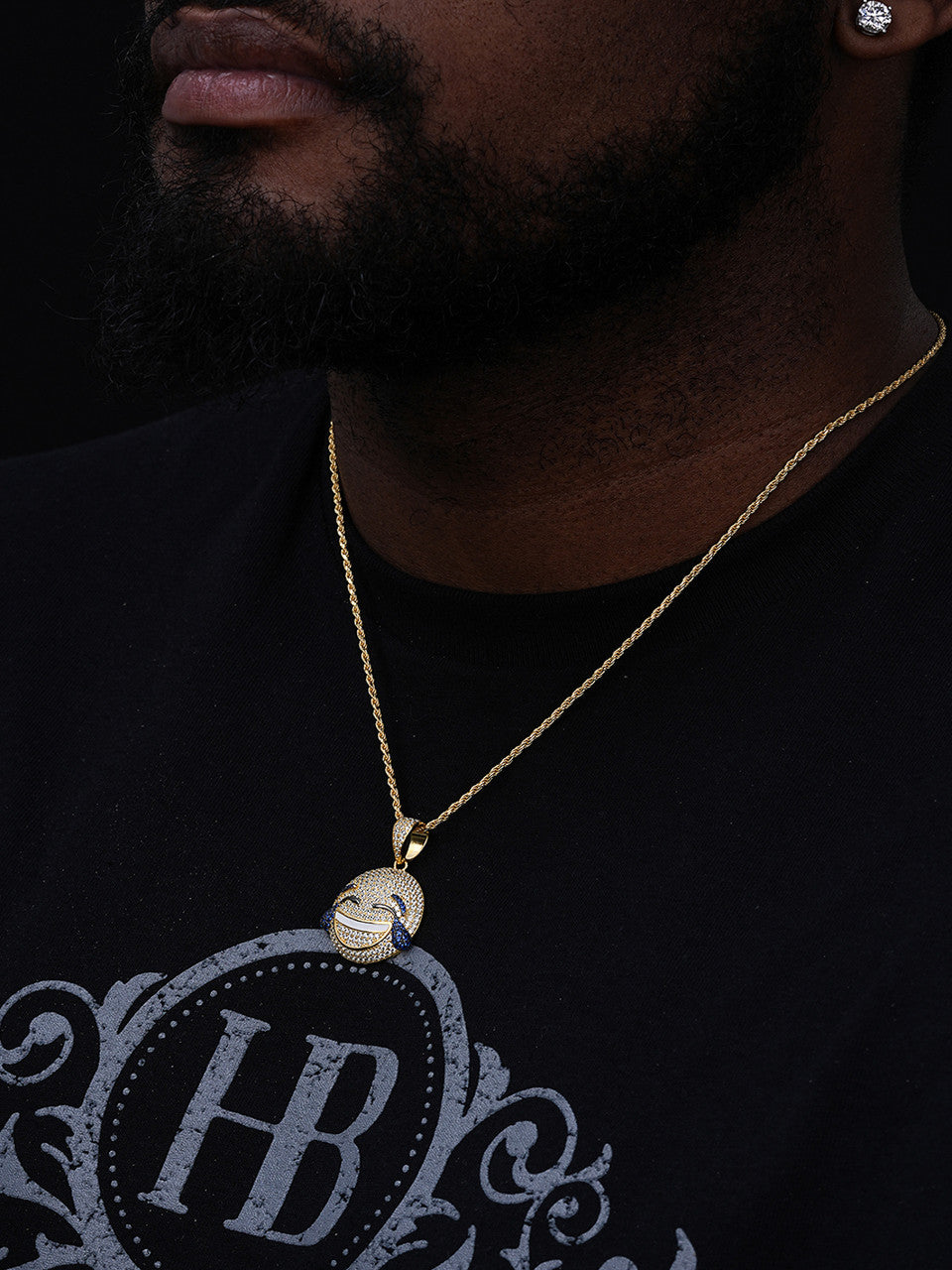 LOL Smiley Laughing Emoji Pendant - 14k Gold Vermeil Or 925 Silver - CZ Stones - Small 1"