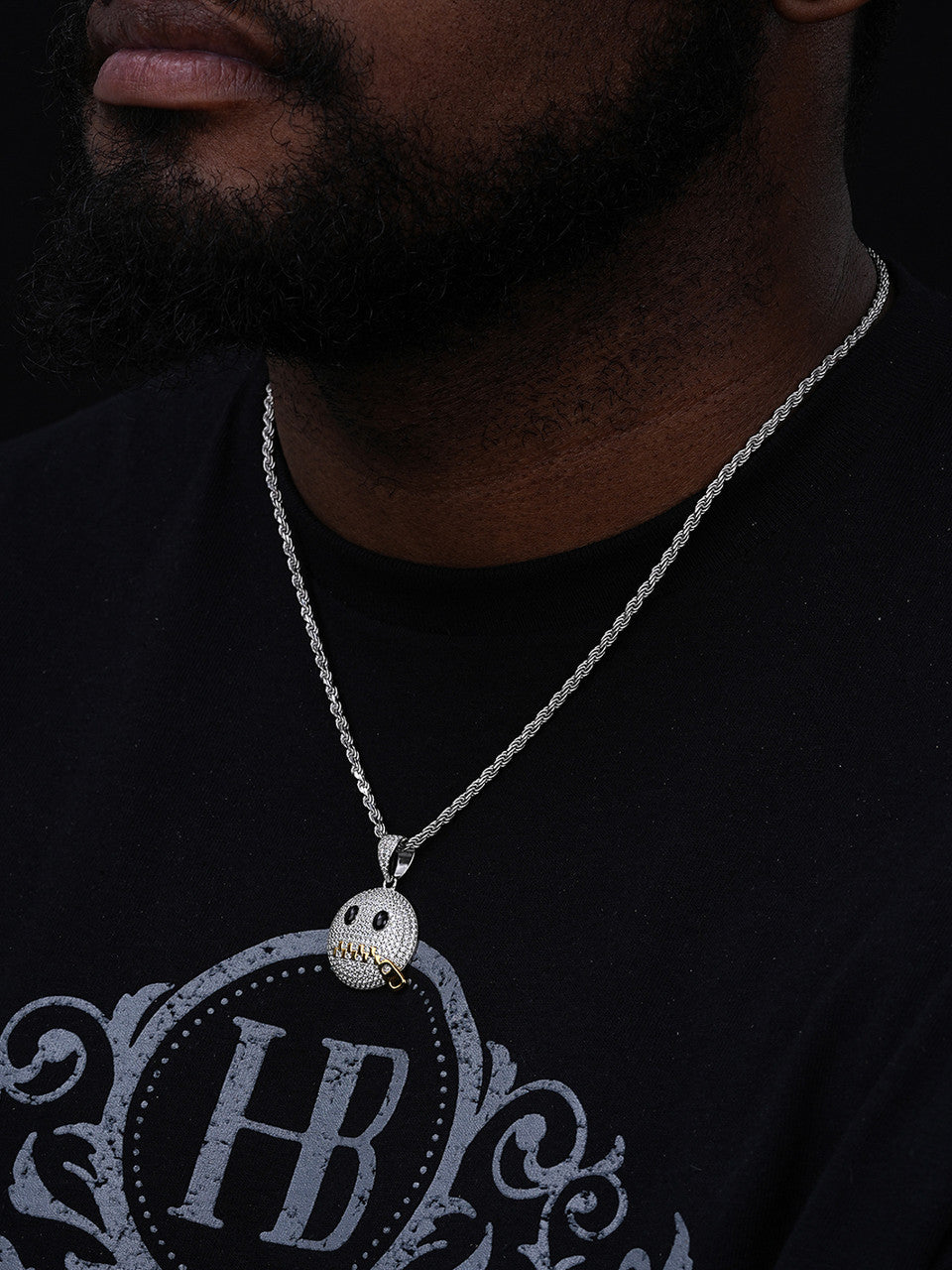 Real 925 Silver HipHop Zipper Mouth Emoji Pendant Necklace Iced Real 925 Silver HipHop Zipper Mouth Emoji Pendant Necklace Iced