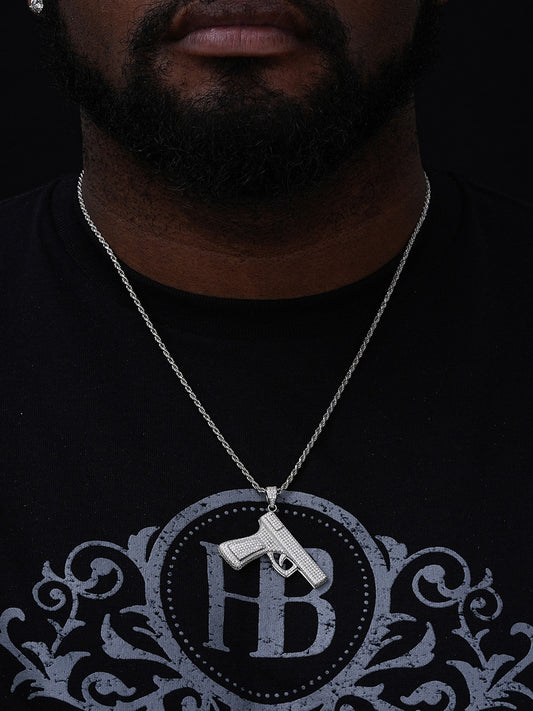 Iced Out Gun Pistol Pendant - 14k Gold Vermeil Or 925 Silver - CZ Stones - Medium 2"