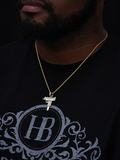 MOISSANITE Iced Out Uzi Gun Pendant - 14k Gold Vermeil Or 925 Silver - Small 1.5"