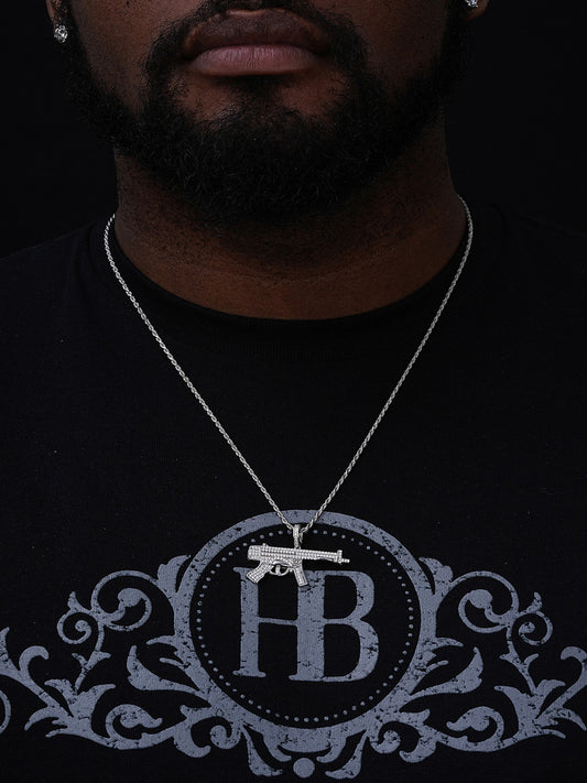 AK-47 Machine Gun Pendant - 14k Gold Vermeil Or 925 Silver - CZ Stones - Small 1.5"