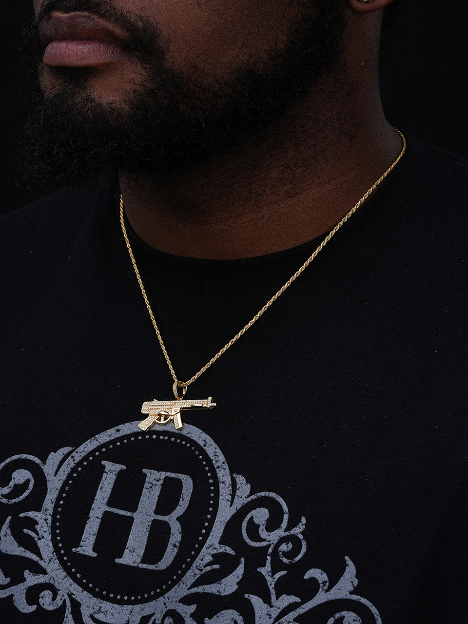 AK-47 Machine Gun Pendant - 14k Gold Vermeil Or 925 Silver - CZ Stones - Small 1.5"