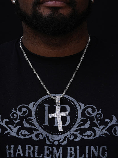 Baguette Hip Hop Cross Pendant - 925 Silver - CZ Stones - 4 Sizes 1"-3"