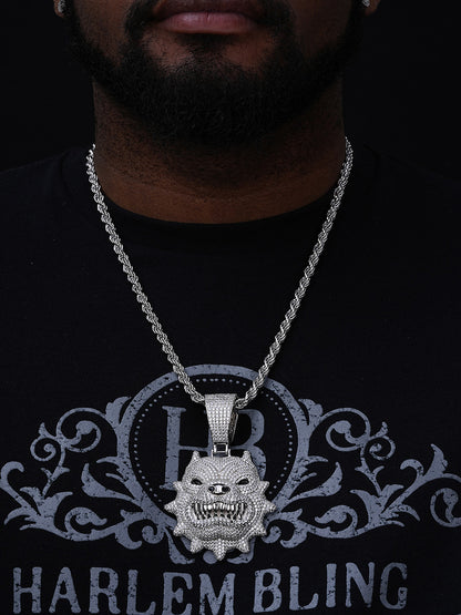 Angry Pitbull Dog Animal Pendant - 925 Silver - CZ Stones - Large 3.5"