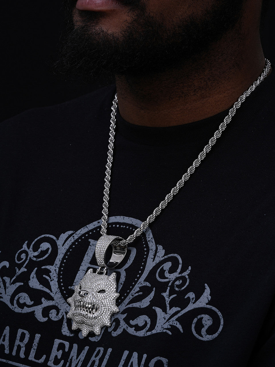 Angry Pitbull Dog Animal Pendant - 925 Silver - CZ Stones - Large 3.5"